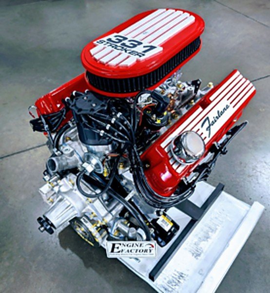 Engine Factory 331 Ford Stroker with red Fairlane valve covers and red 331 Stroker air cleaner